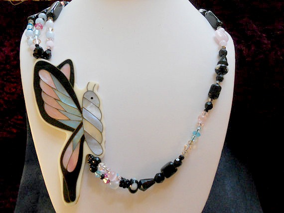 Swarovski Crystal Necklace With Butterfly Of Abalone Shell Inlay..